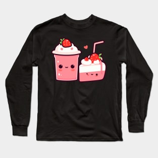 Kawaii Strawberry Ice Cream and Strawberry Cake with Hearts | Cute Kawaii Food Long Sleeve T-Shirt